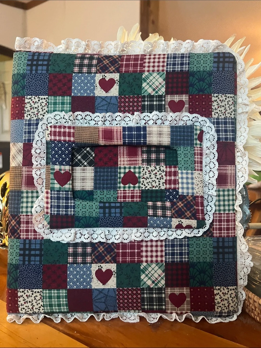 Handmade Patchwork Heart Quilted Binder Cover - Multicolor